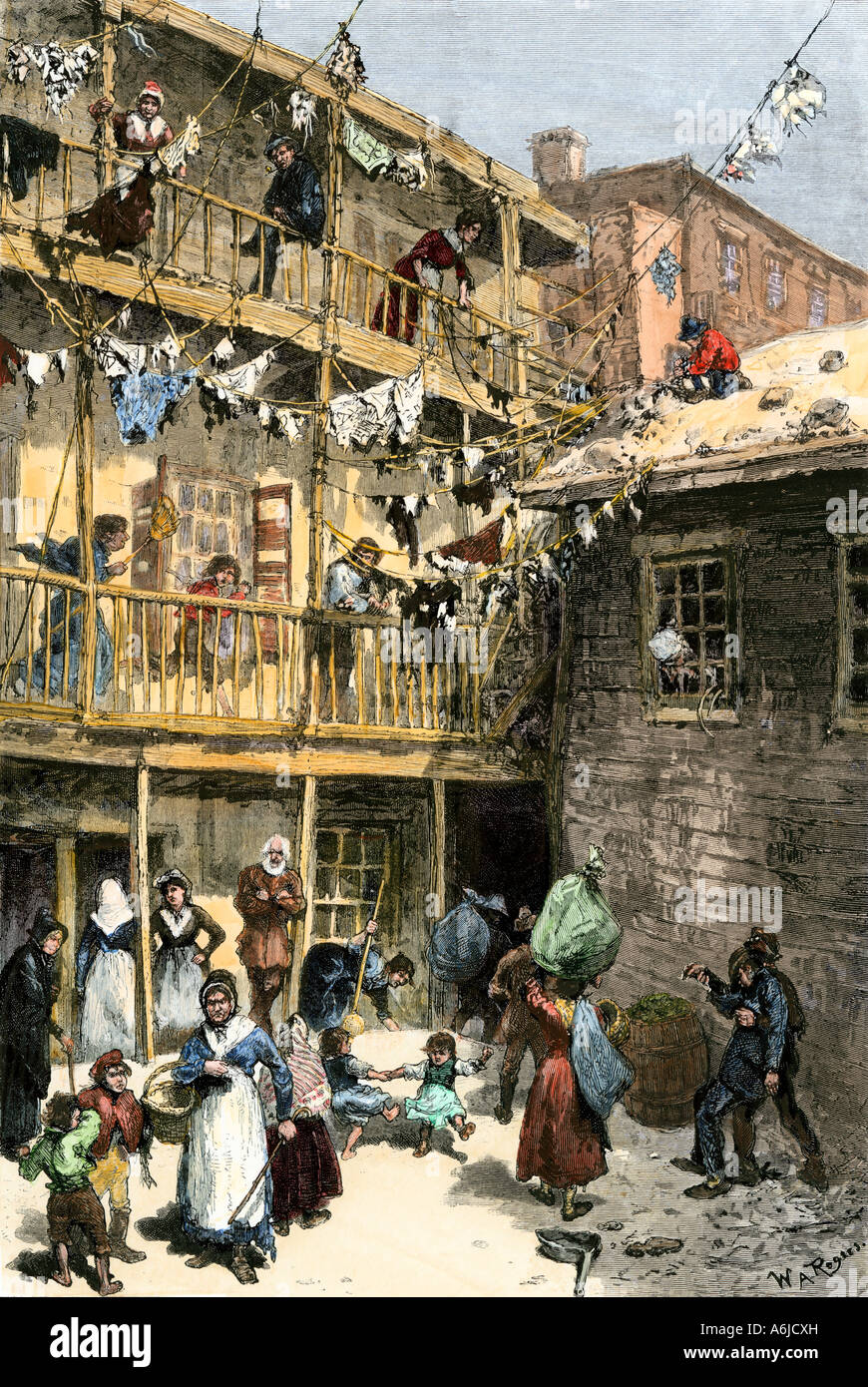 Les chiffonniers cour sur Mulberry Street dans le quartier italien de la ville de New York 1870. À la main, gravure sur bois Banque D'Images