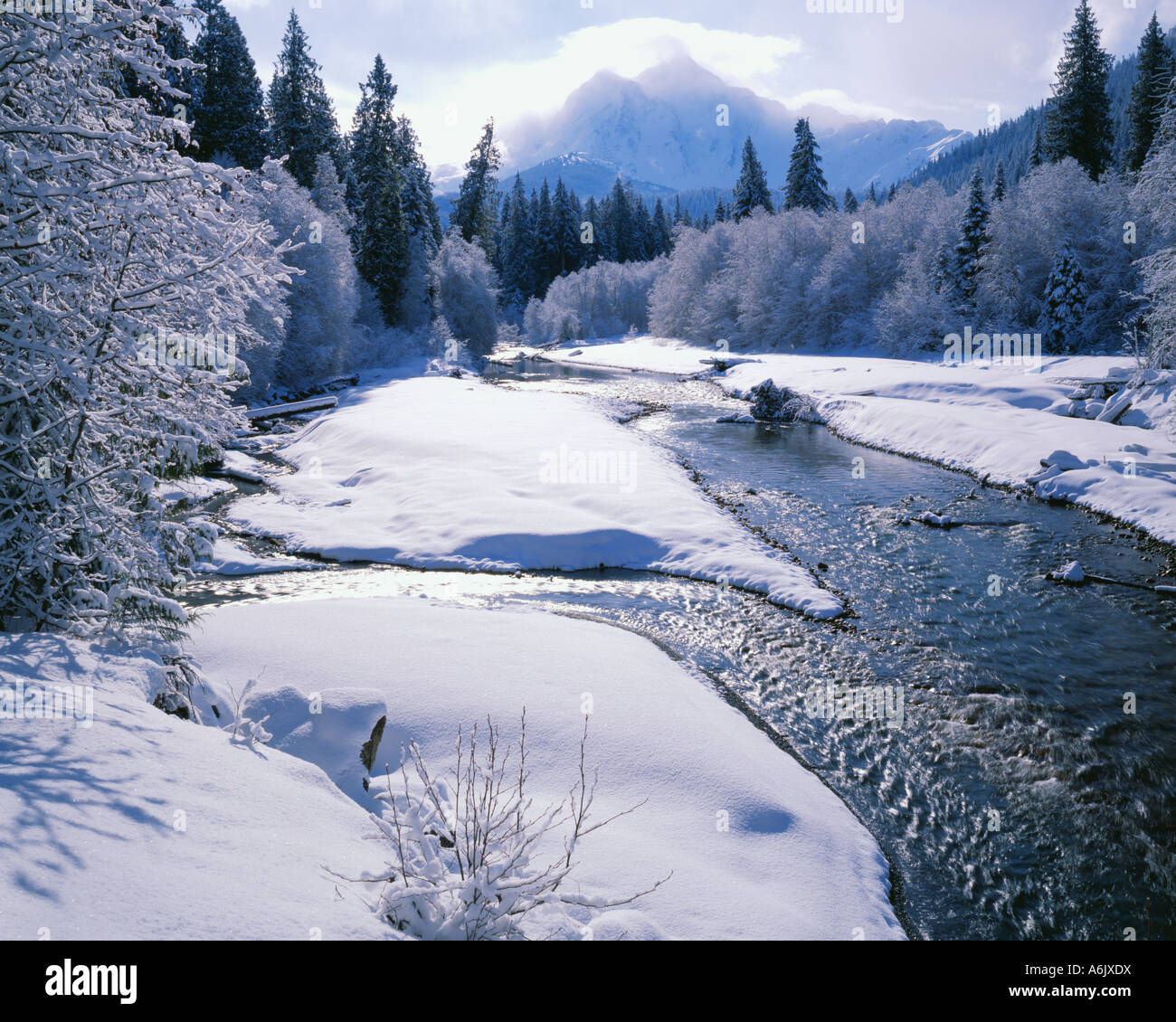 Le mont Shuksan se trouve dans le soleil au-dessus de l'hiver neigeux achat régulières de North Fork rivière Nooksack Banque D'Images