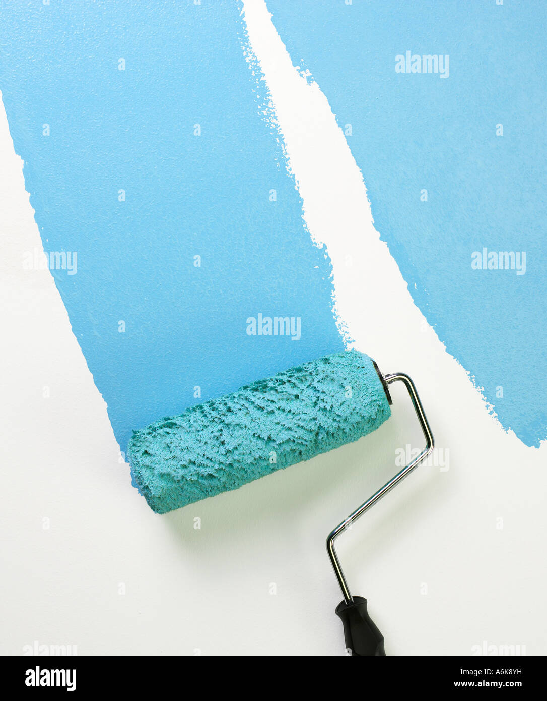 Rouleau à peindre l'application de peinture bleue à surface blanche Banque D'Images