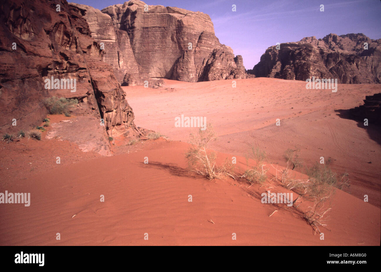 Des tons de rouge et rose dominent la beauté pittoresque de Wadi Rum, Jordanie Banque D'Images