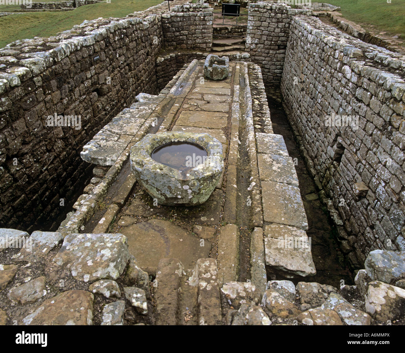 Les latrines (toilettes) commune à Fort romain de Housesteads dans Parc National de Northumberland, Angleterre Banque D'Images