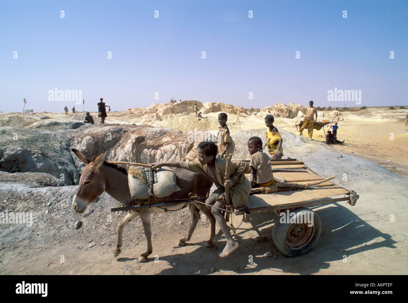 Les enfants qui travaillent avec l'âne et le panier sur le site de type artisanal, Goldfield, Essakane, Burkina Faso Banque D'Images
