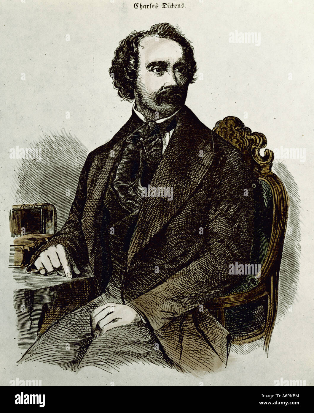 Dickens, Charles, 7.2.1812 - 9.7.1870, l'écrivain britannique / writer, demi-longueur, gravure sur bois en couleur, 1850 / 1855, assis, Banque D'Images