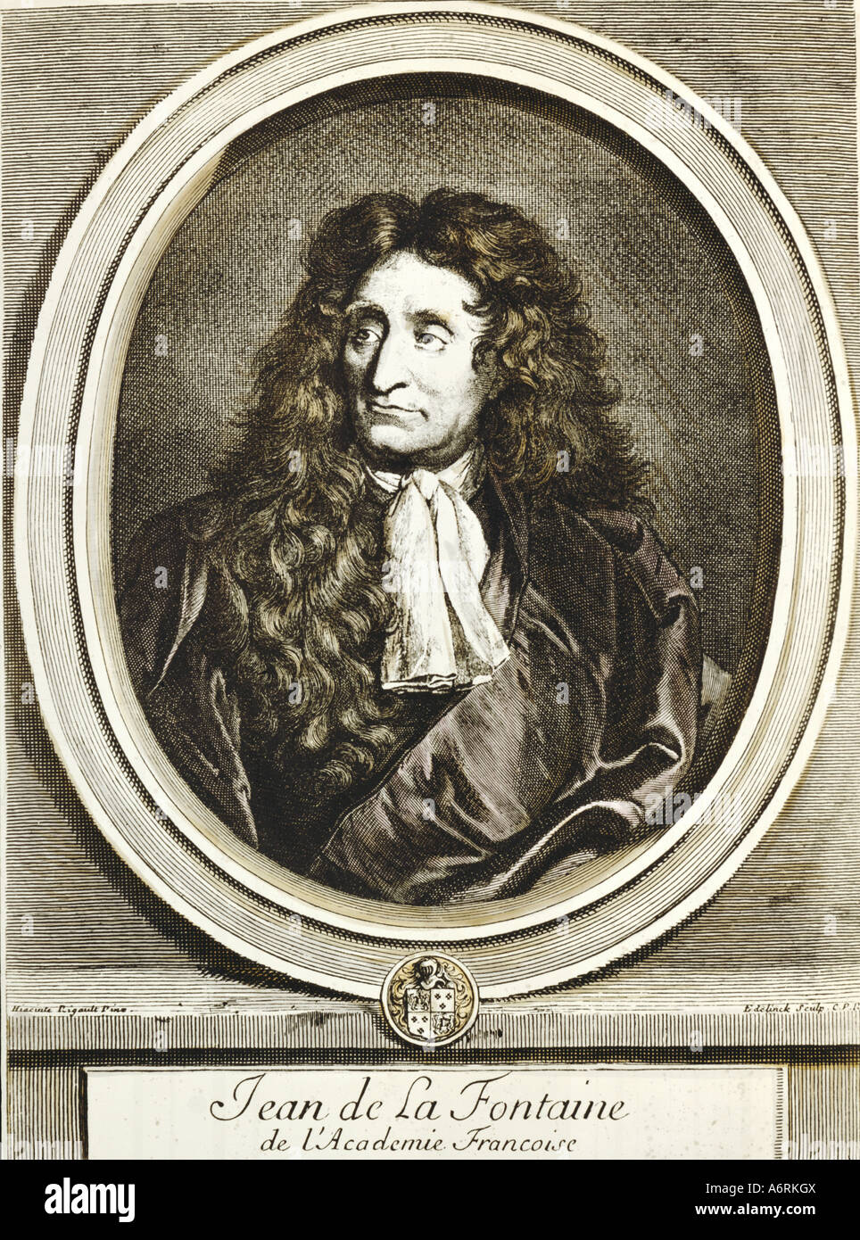 La Fontaine, Jean de, 8.7.1621 - 13.4.1695, l'auteur français / écrivain, portrait en ovale, gravure par Edelinck, après peinture par H Banque D'Images