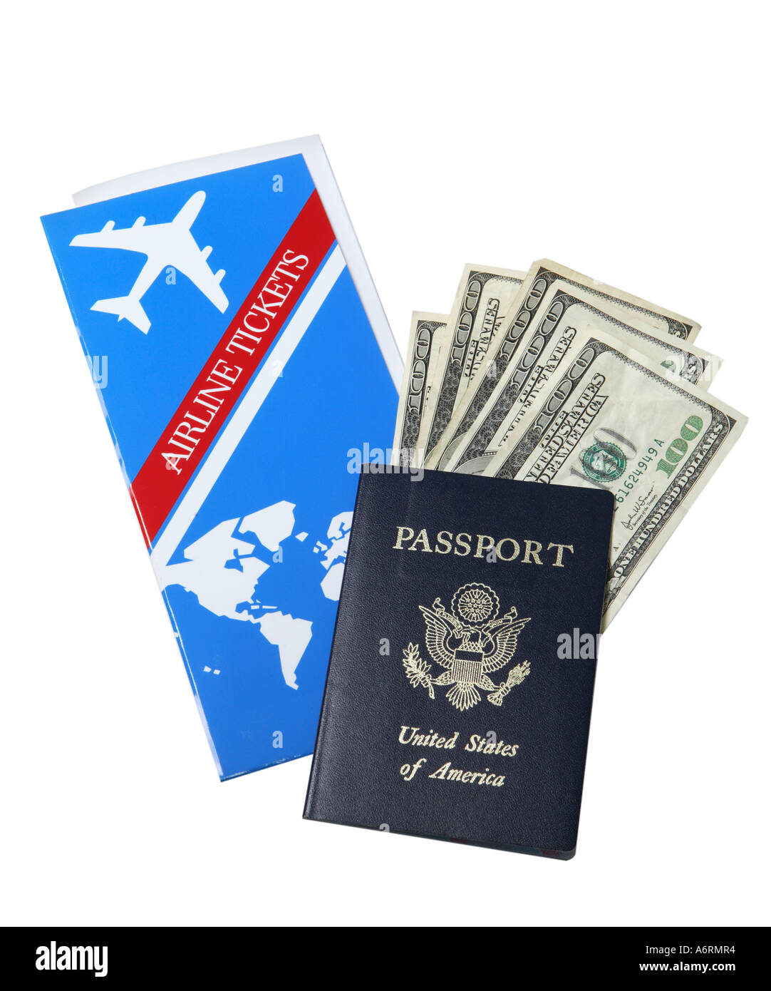 Billets d'avion, passeport et argent Banque D'Images