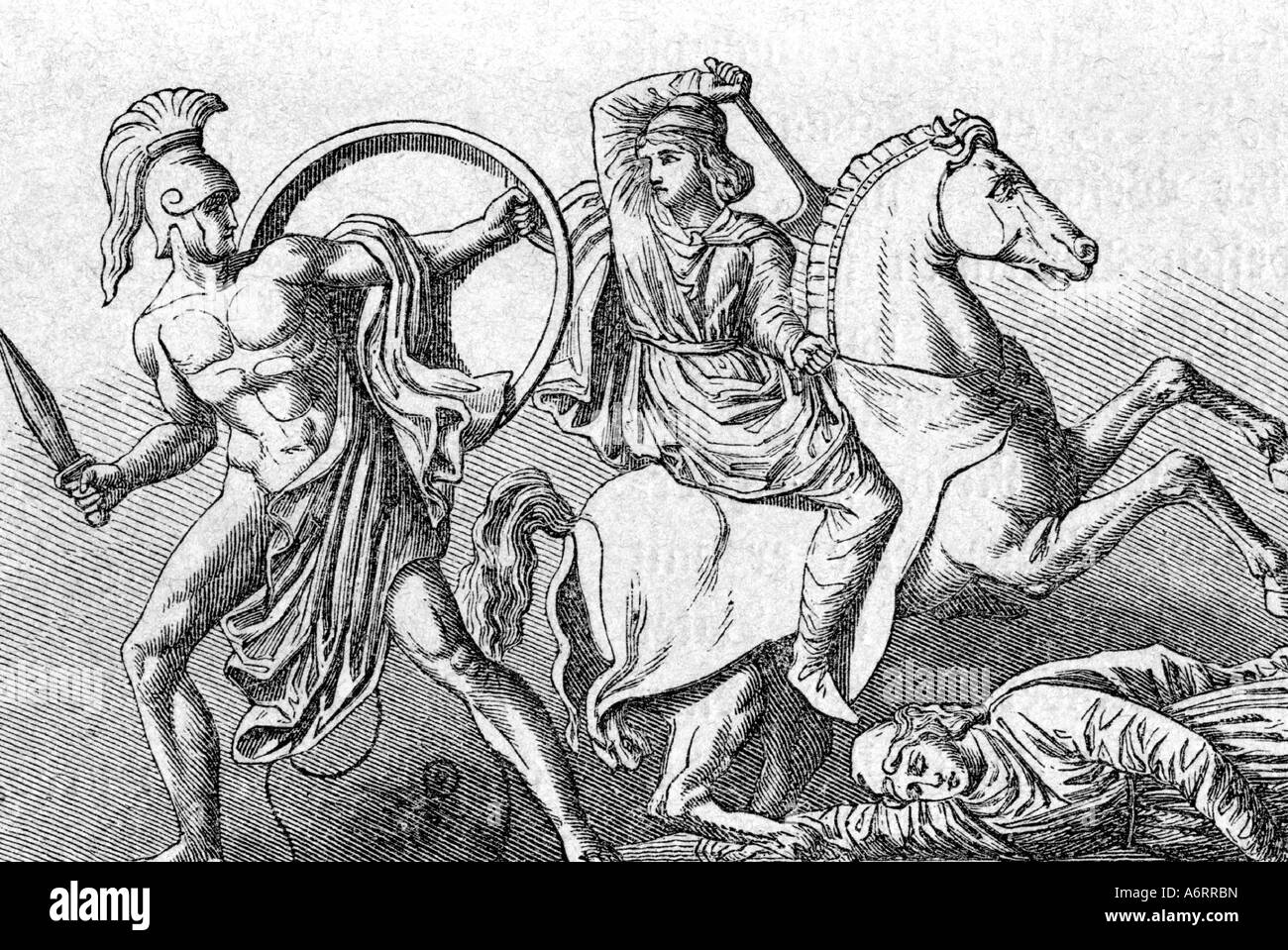 Figures mythologiques grecques amazones Amazon le combat à la 19e siècle gravure guerrier grec ancien monde femme mythol Banque D'Images