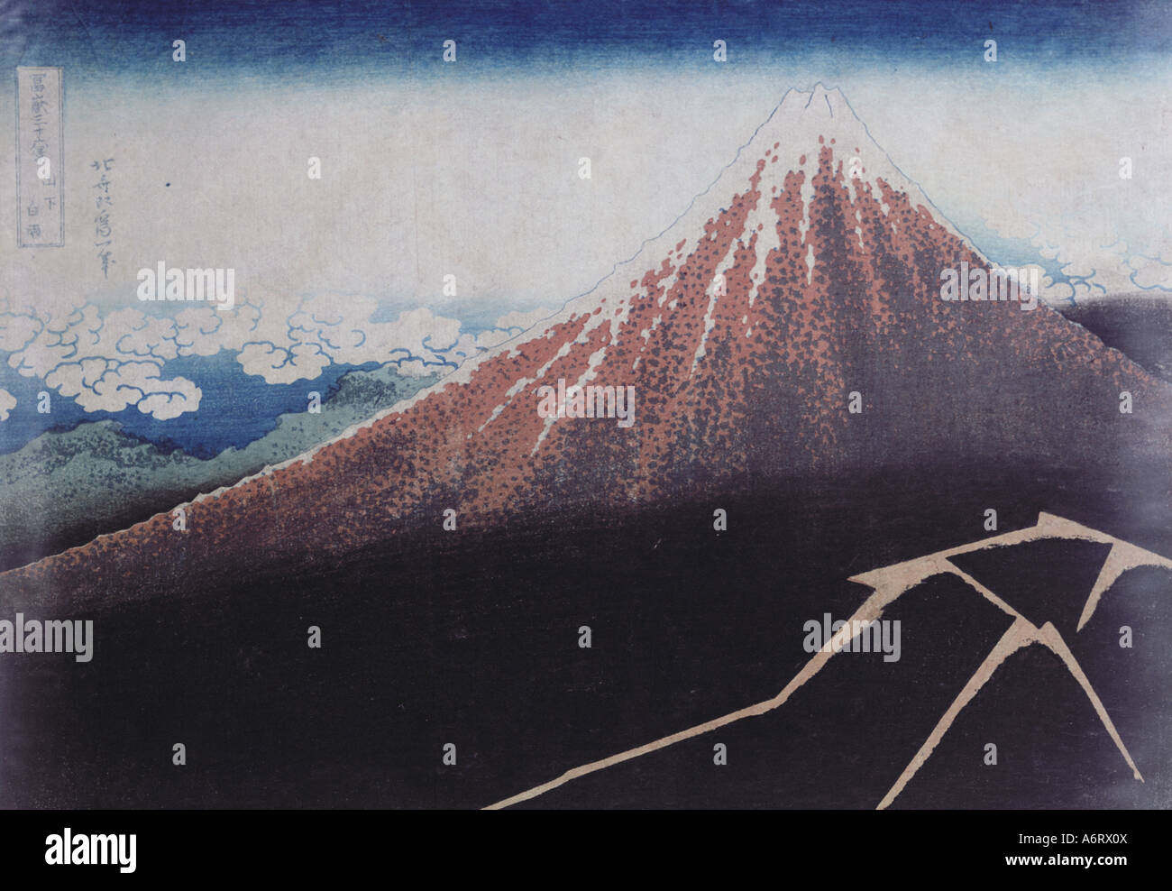 Beaux-arts, Katsushika Hokusai (1760 - 1849), la crête de la Fuji au-dessus de l'orage, woodcut, collection privée, randonnée Banque D'Images