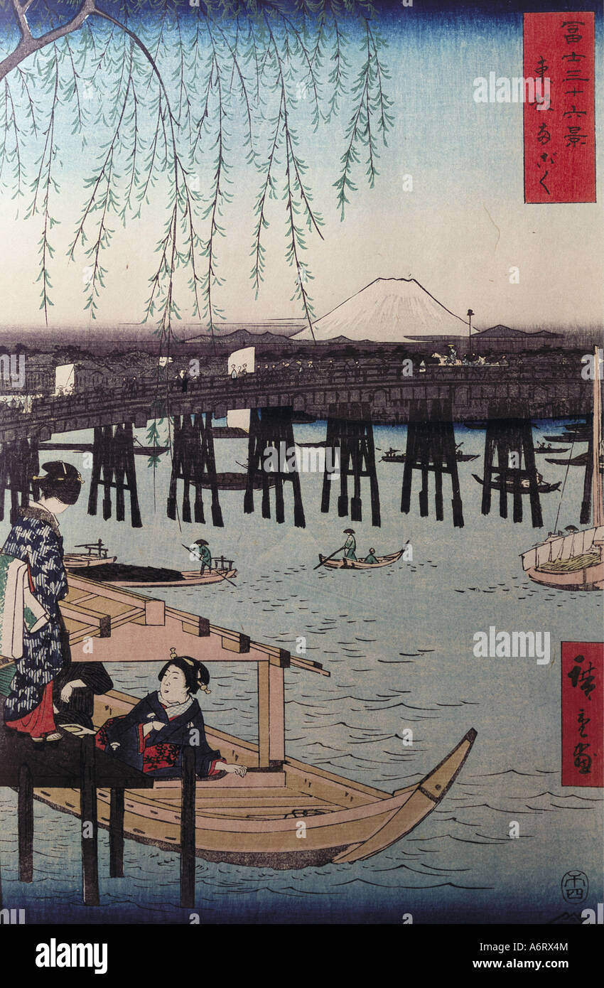 Beaux-arts, Hiroshige Utagawa (1797 - 1858), le Fuji vu de Ryogoku Toto, gravure sur bois, 1858, 34x22,2 cm, Musée autrichien d'Appl Banque D'Images