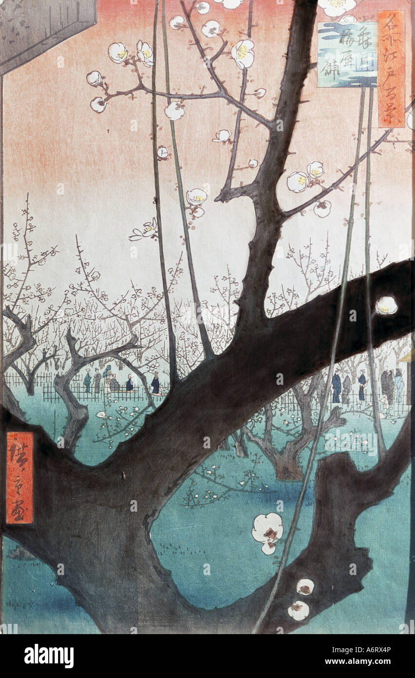 'Fine Arts, Hiroshige Utagawa (1797 - 1858), fleurs de prunier dans le jardin Kameido', gravure sur bois, 35x22,5 cm, vers 1858, Musée Banque D'Images