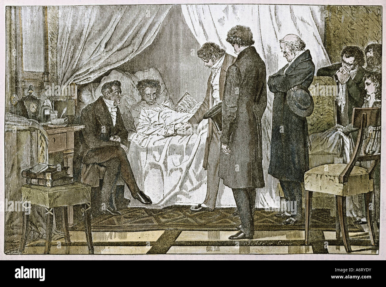 Beethoven, Ludwig van, 17.12.1770 - 26.3.1827, compositeur allemand, sur lit de mort, après la gravure couleur dessin de Lindenschmit, 1 Banque D'Images