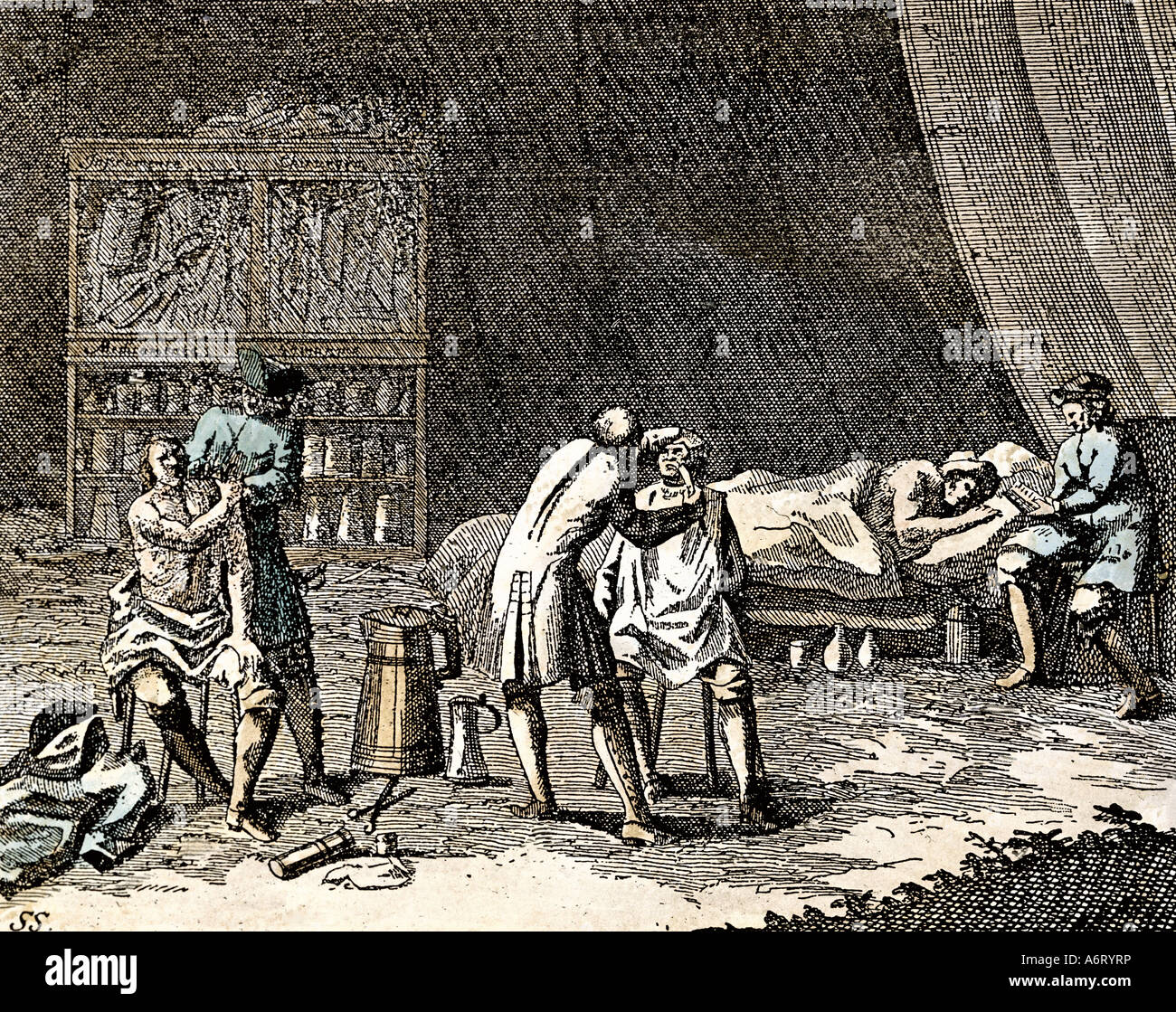 Service médical, militaire, médecin militaire examinatong un soldat blessé, gravure, 'Der deutsche vollkommene Soldat' von Hans Friedrich von Fleming, Leipzig, 1726, , n'a pas d'auteur de l'artiste pour être effacé Banque D'Images