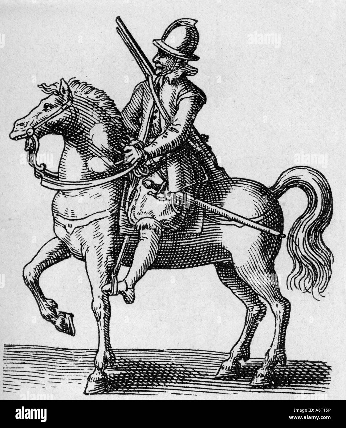 Militaire, cavalerie, arquebussier monté, gravure, "L'art de la guerre à cheval" par Johann Jakob von Wallhausen, Francfort-sur-le-Main 1616, Banque D'Images