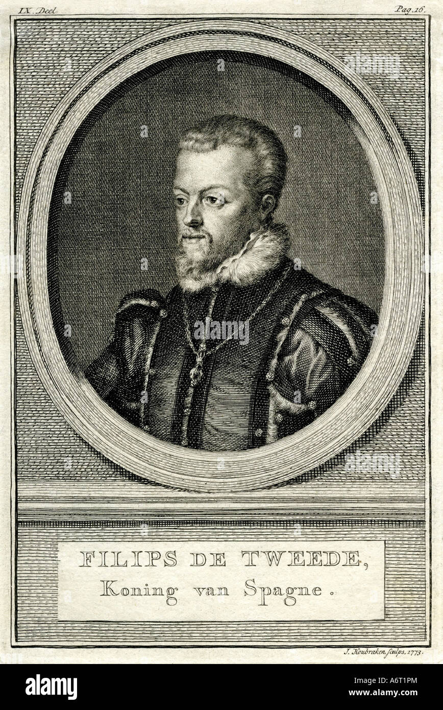 Philippe II, 21.5.1527 - 13.9. 1598, roi d'Espagne de 16.1.1556 - 13.9.1598, portrait, gravure, par J.Houbraken, historique, 1773 Banque D'Images