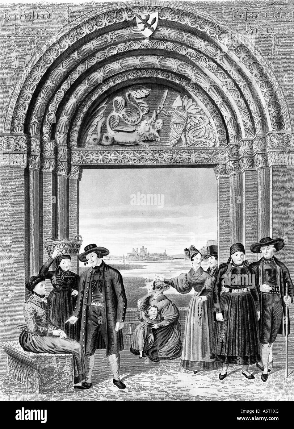 Mode, costume traditionnel, Bavière, hommes et femmes du Bas-Danube en costumes traditionnels, gravure en acier, XIXe siècle, historique, Europe, Allemagne, tradition, vêtements, habillement, chapeau, chapeaux, porte, arche ronde, roman, paysage urbain, paysages urbains, vue sur la ville, vue sur la ville, Passau, géographie, voyages, gens, Banque D'Images