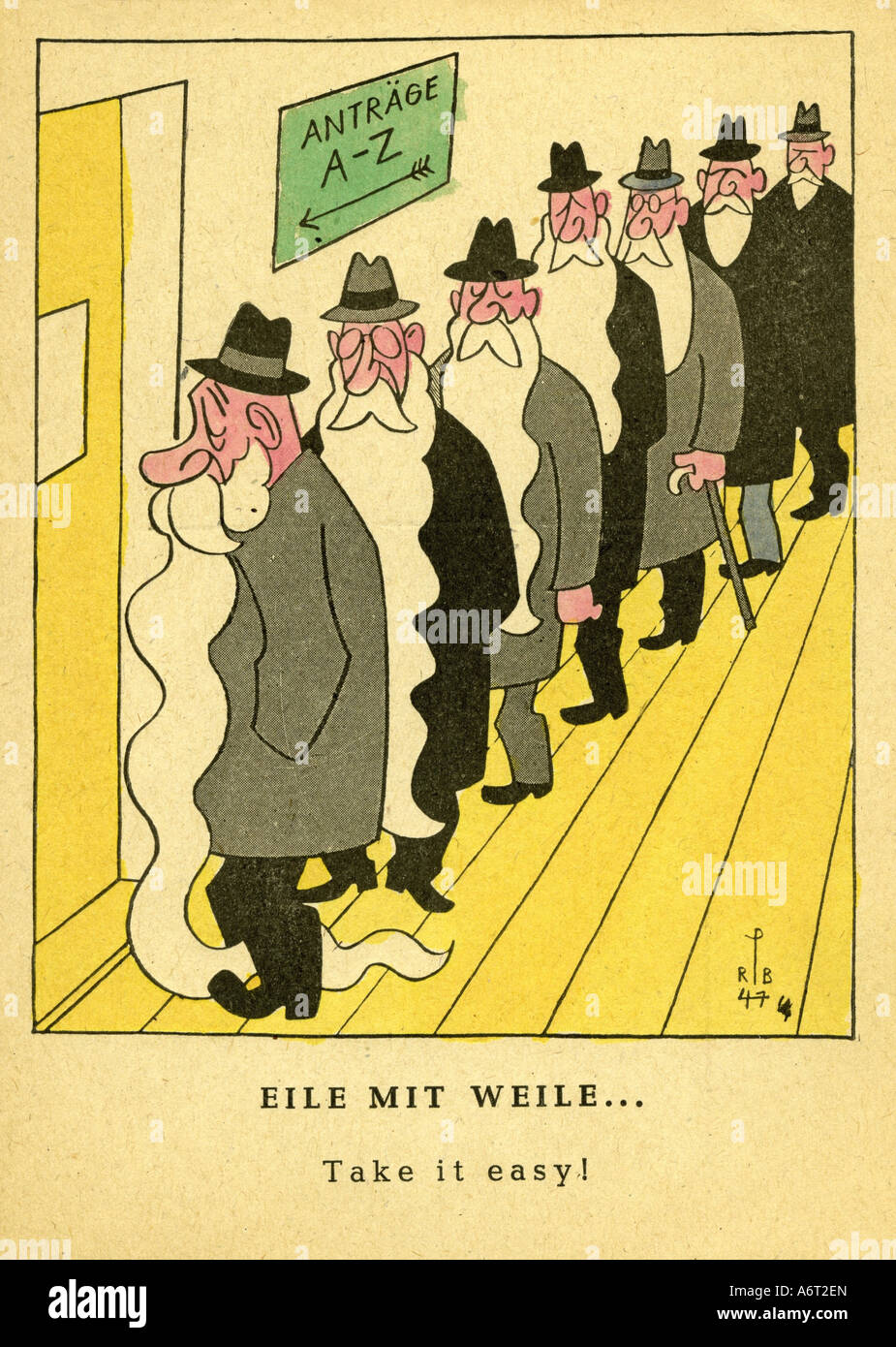Événements, après la guerre, Allemagne, caricature, "Take it Easy", dessin de Rolf Peter Bauer, 1947, guerre du papier, ruban rouge, bureaucratie, administration, file d'attente, attente, barbe, XXe siècle, , Banque D'Images