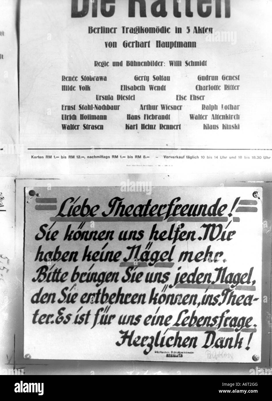 Événements, après la guerre, loisirs, théâtre, appel aux spectateurs pour apporter des ongles, Schlosspark Theatre, Berlin Steglitz, novembre 1946, misère, pénurie, secteur américain, Allemagne, XXe siècle, , Banque D'Images