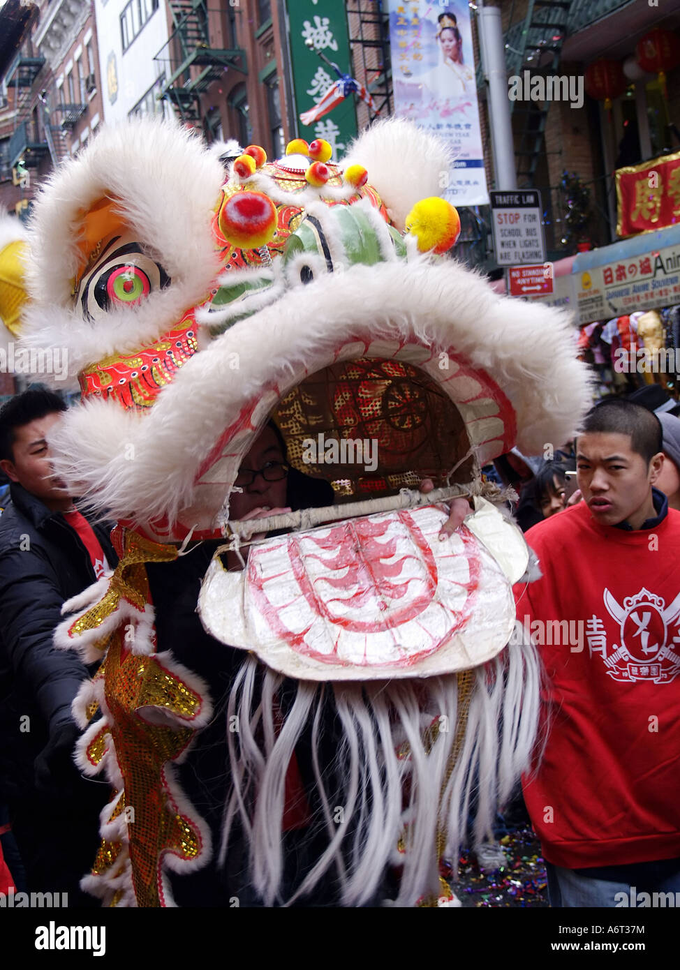 Lion danseuses à la célébration du Nouvel An chinois dans le quartier chinois de Manhattan en 2007. Banque D'Images