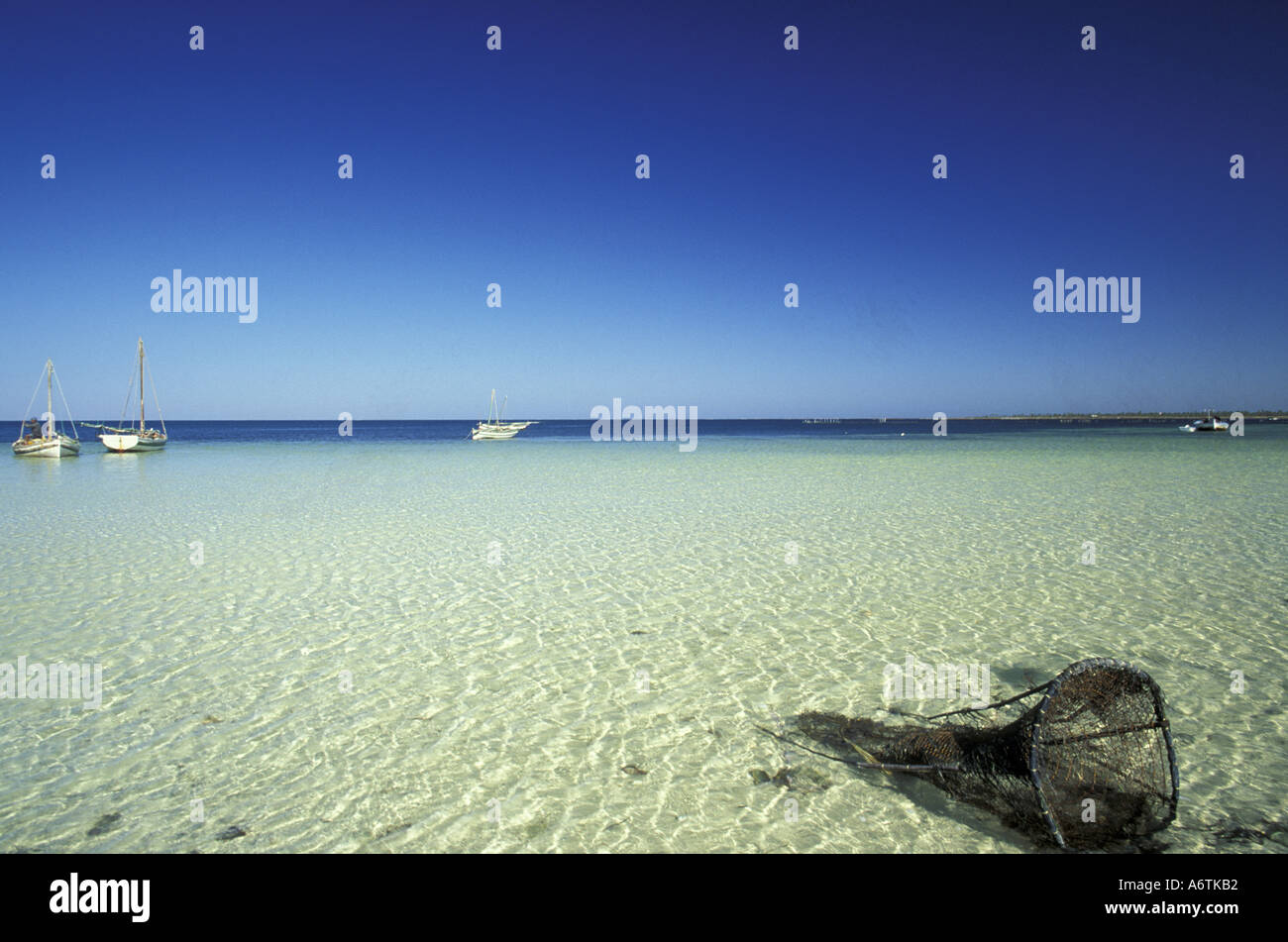 L'Afrique, la Tunisie, les îles Kerkennah. Filet de pêche cassé et l'eau claire. Banque D'Images