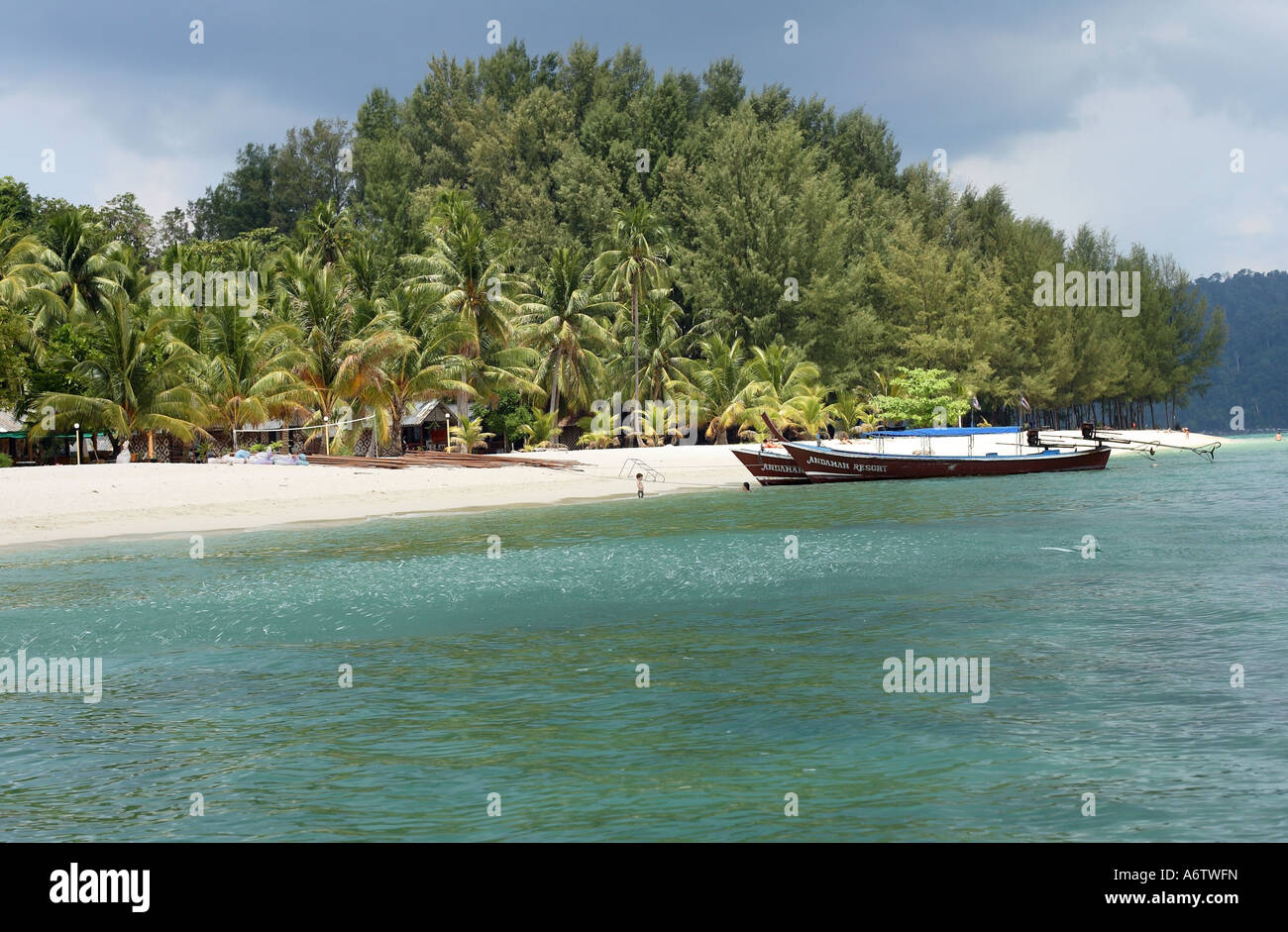 Bateau Longtail en face de la plage de sable de l'île Koh Lipe à l'intérieur du Parc National de Tarutao - la mer d'Andaman, en Thaïlande, en Asie Banque D'Images