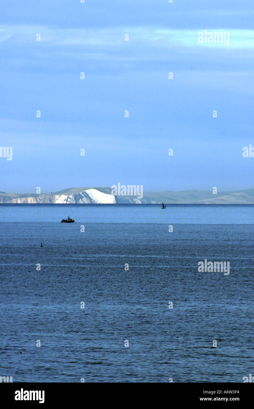 Les aiguilles et les falaises blanches sur l'île de Wight choisi dans soleil du soir Banque D'Images