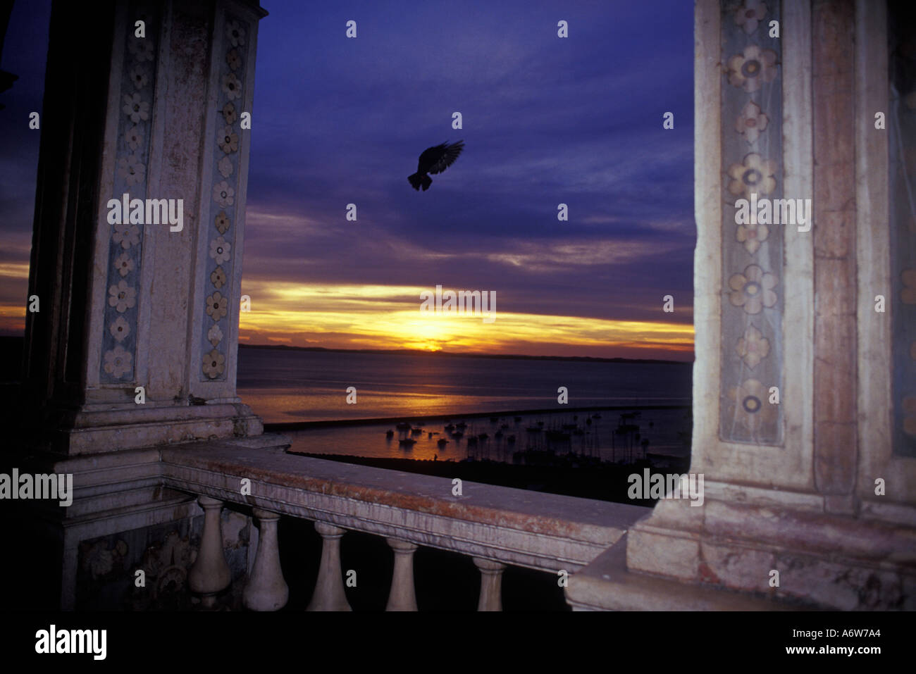 Silhouette d'un oiseau volant au coucher du soleil avec des anciennes colonnes piliers dans l'architecture d'avant-plan Ville Salvador Banque D'Images