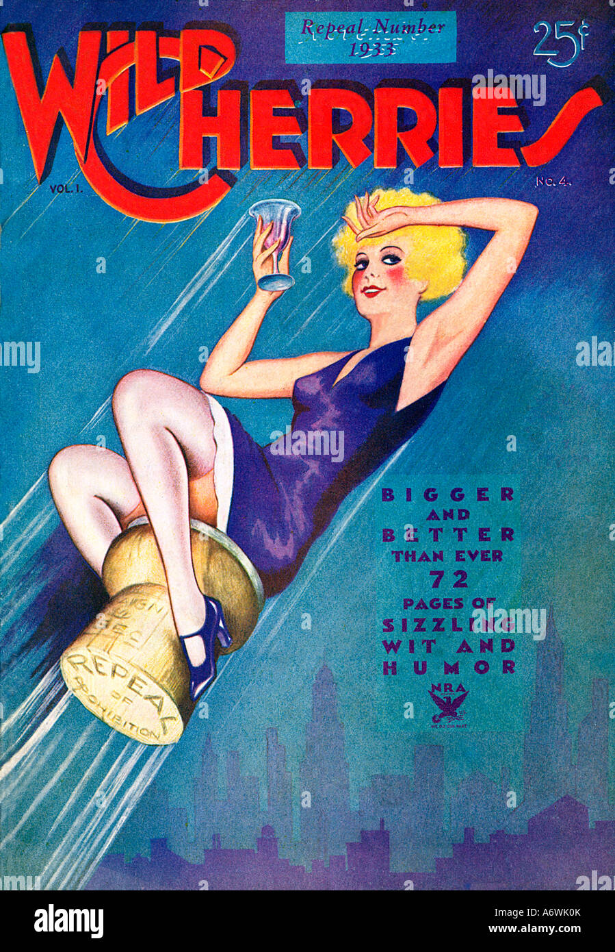 Les cerises sauvages Interdiction Abrogation 1933 Couverture du magazine humoristique populaire américaine de célébrer avec un girl riding a sauté vers le bouchon de champagne Banque D'Images