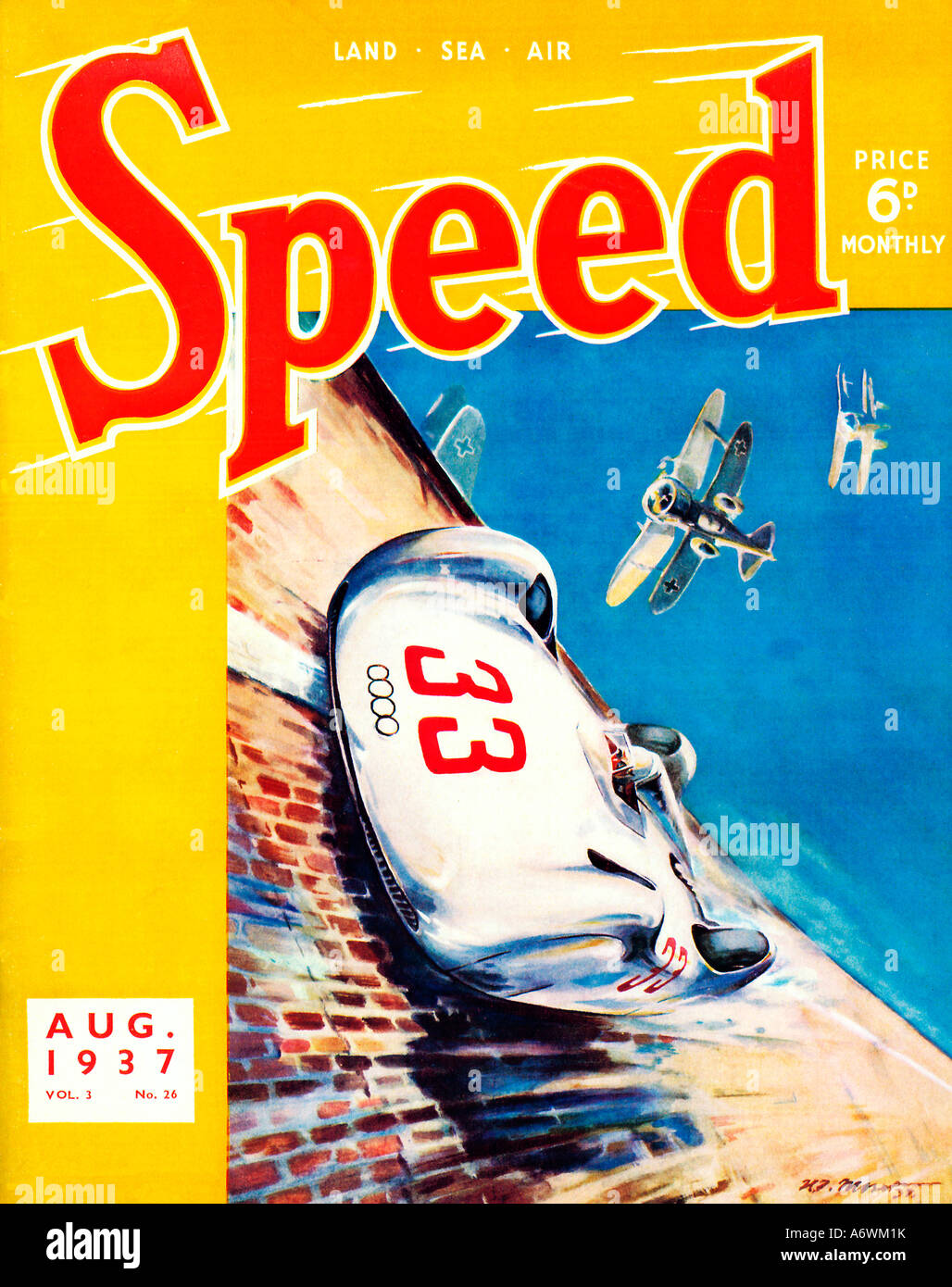 Août 1937 La vitesse de couverture du magazine anglais motor sports avec une voiture de course Auto Union Allemande sur un virage relevé race track Banque D'Images