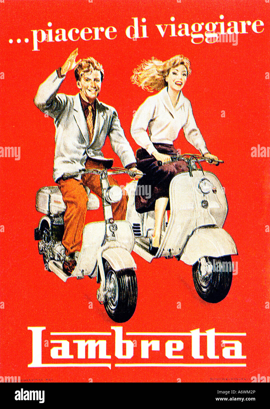 Lambretta Poster 1950 publicité pour le scooter préféré des jeunes italiens piacere di viaggiari le choix des voyageurs Banque D'Images