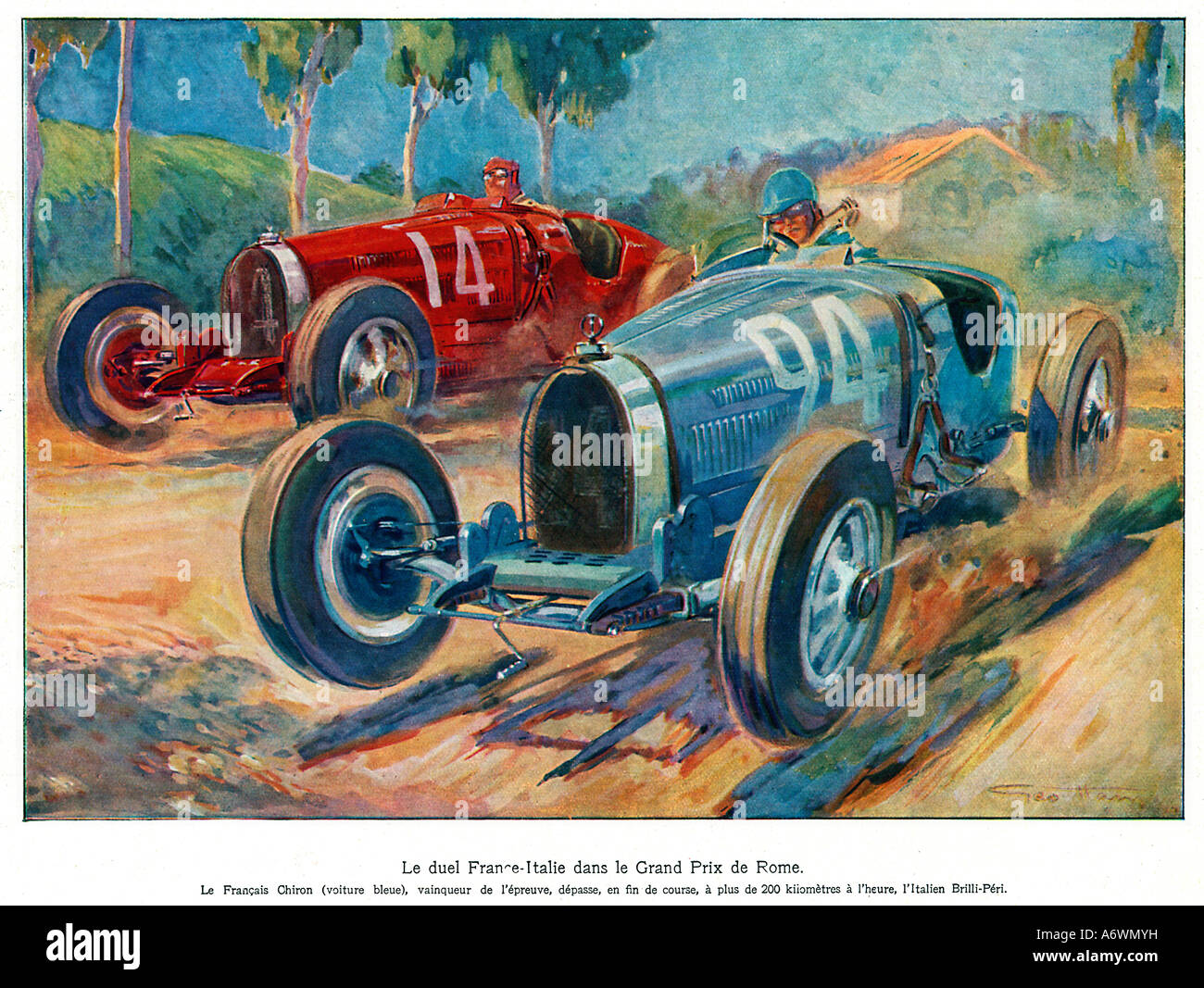Grand Prix de Rome 1928 pilote français Louis Chiron dans le bleu Bugatti duels avec l'Italien Gastone Brilli Peri à plus de 200 km/h Banque D'Images