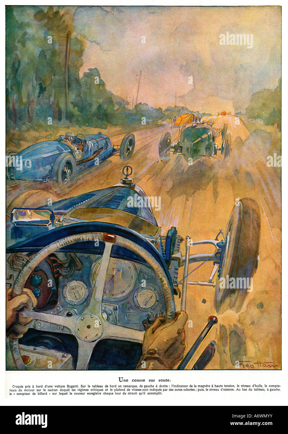 Tableau de bord Bugatti 1928 Illustration de la vision du conducteur dans une course sur route de l'habitacle de la voiture de course Italienne Banque D'Images