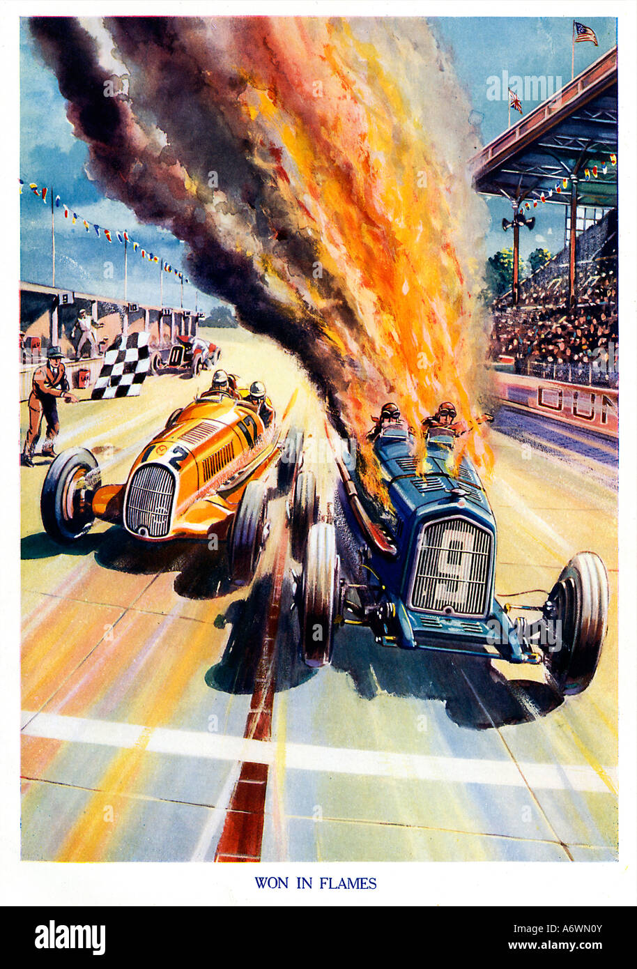 A gagné en flammes 1930 Illustration d'une finale d'un Grand Prix comme le véhicule en feu prend encore le drapeau à damier Banque D'Images