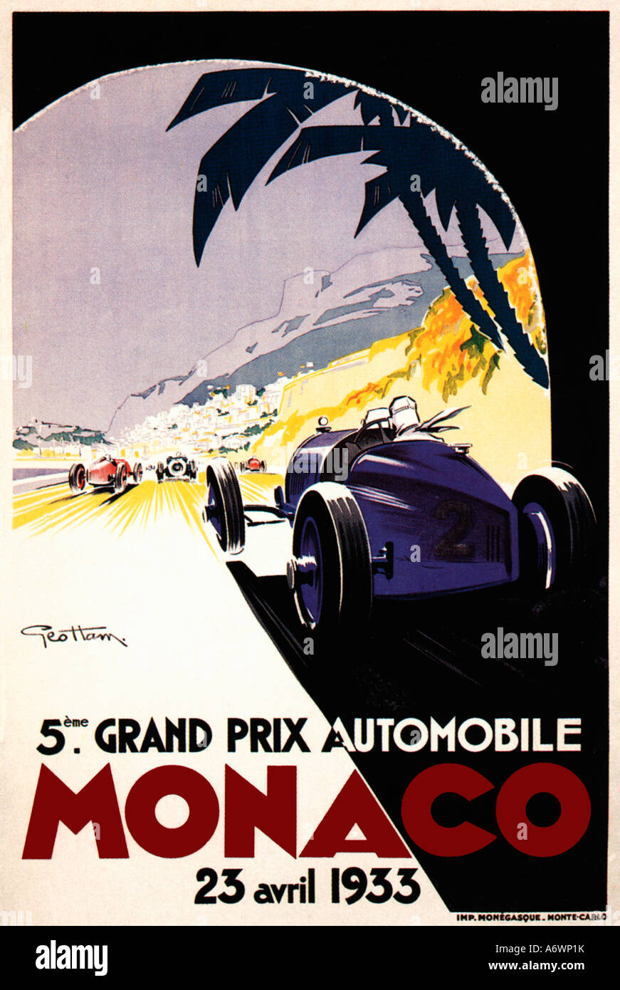 Grand Prix de Monaco 1933, affiche pour la 5ème course du moteur Monte Carlo montre une Bugatti bleu français derrière une Alfa Romeo rouge Banque D'Images