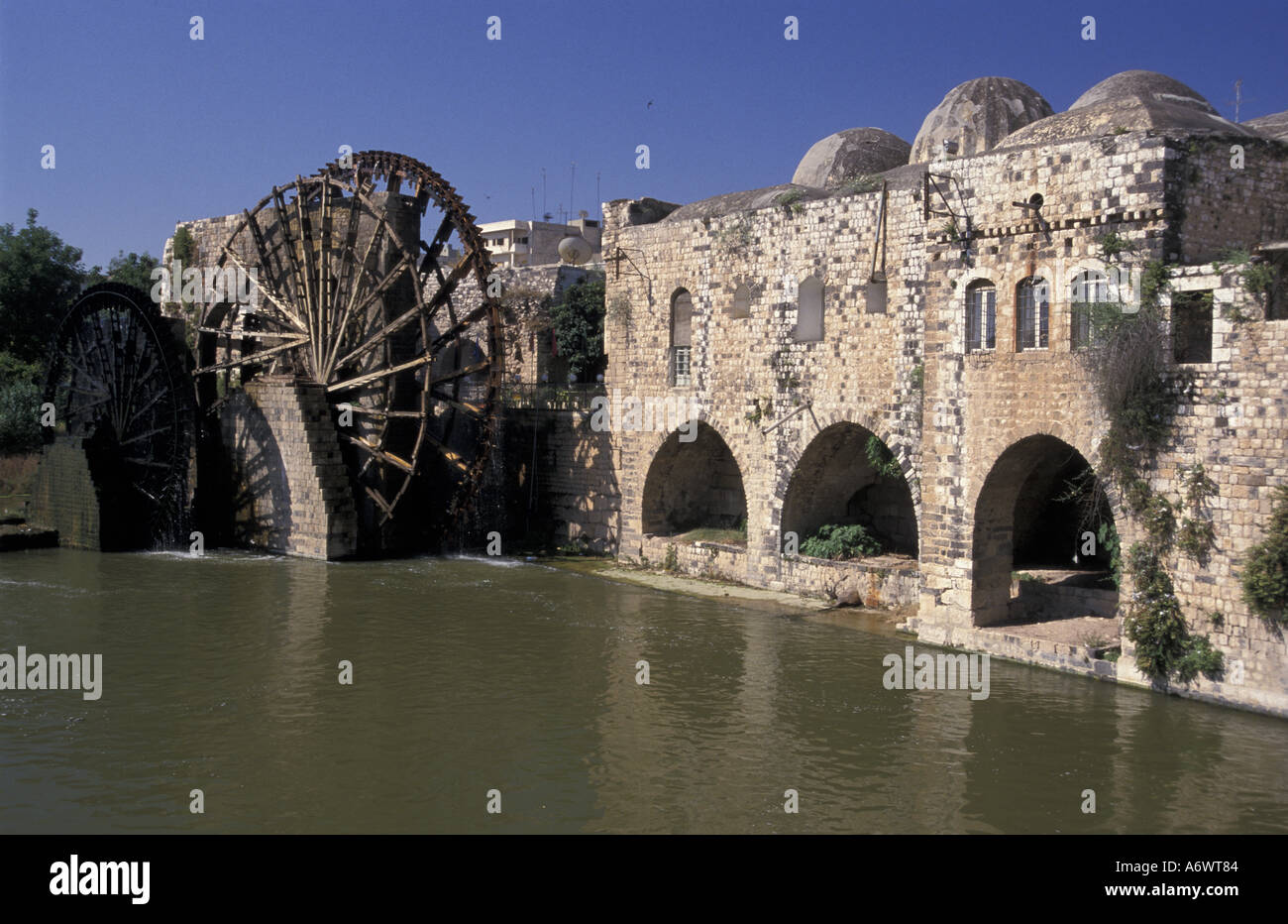 La Syrie, Hama, roue hydraulique en bois sur l'Oronte. Banque D'Images