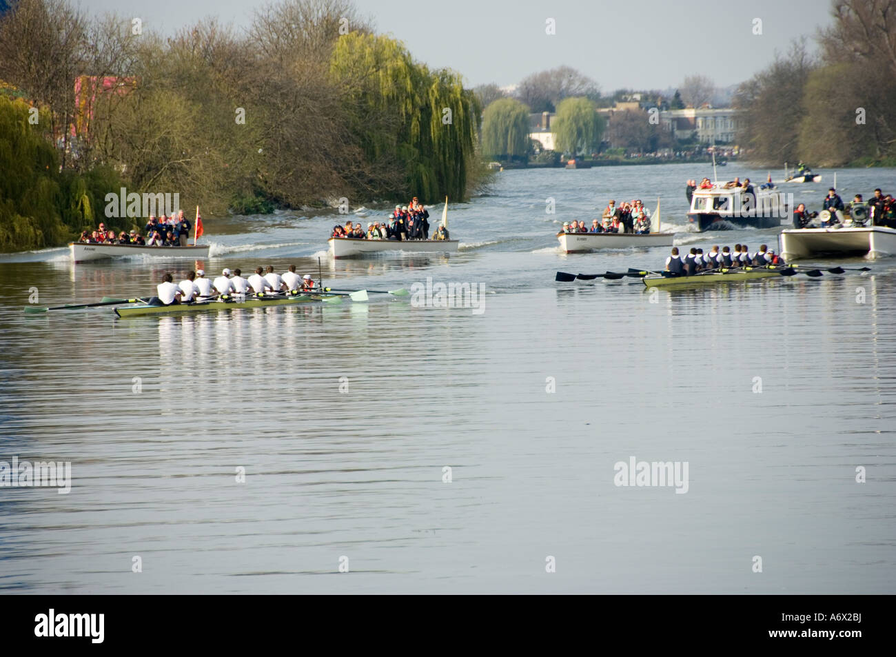 L'Oxford Cambridge Boat Race en amont du pont mobile près de Barnes à la vitesse Banque D'Images