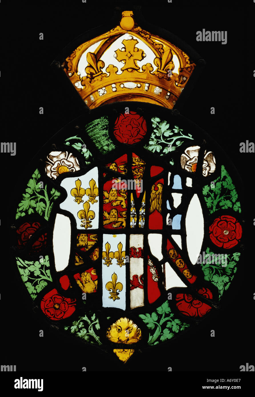 Vitrail médaillon avec les armoiries royales de Jane Seymour. L'Angleterre, milieu du 16ème siècle. Banque D'Images
