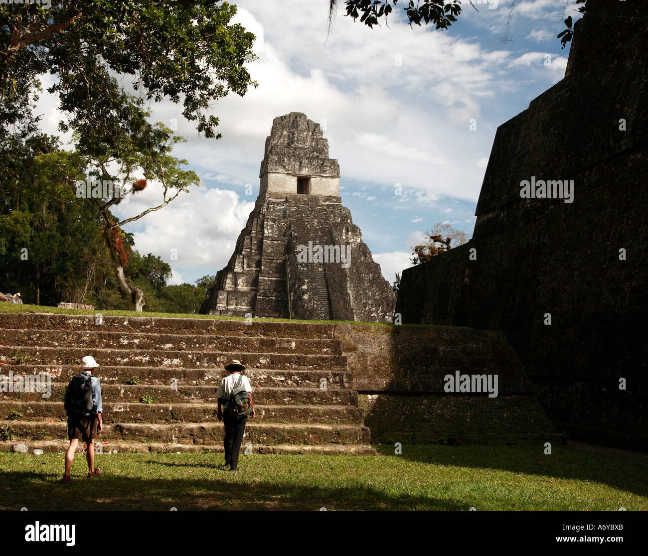 Approche de la grand plaza Tikal Temple I Banque D'Images