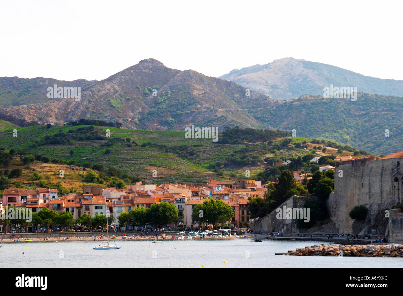 La plage dans le village. Le château de Collioure port. Collioure. Roussillon. La France. L'Europe. Montagnes en arrière-plan. Banque D'Images