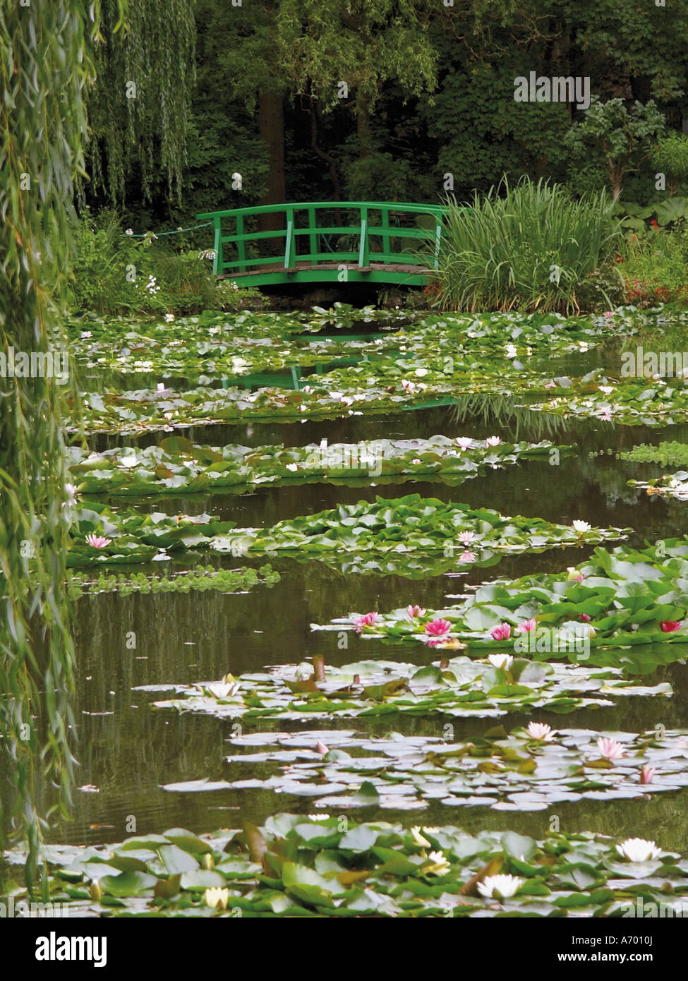 Pont japonais et l'étang dans le jardin de la peintre impressionniste Claude Monet GIVERNY Eure Normandie France Europe Banque D'Images