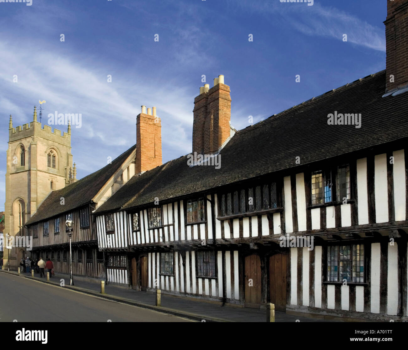 Maisons à colombages de l'aumône King Edwards School et la Guilde chapelle Church Street Stratford Upon Avon, Warwickshire, Angleterre Banque D'Images