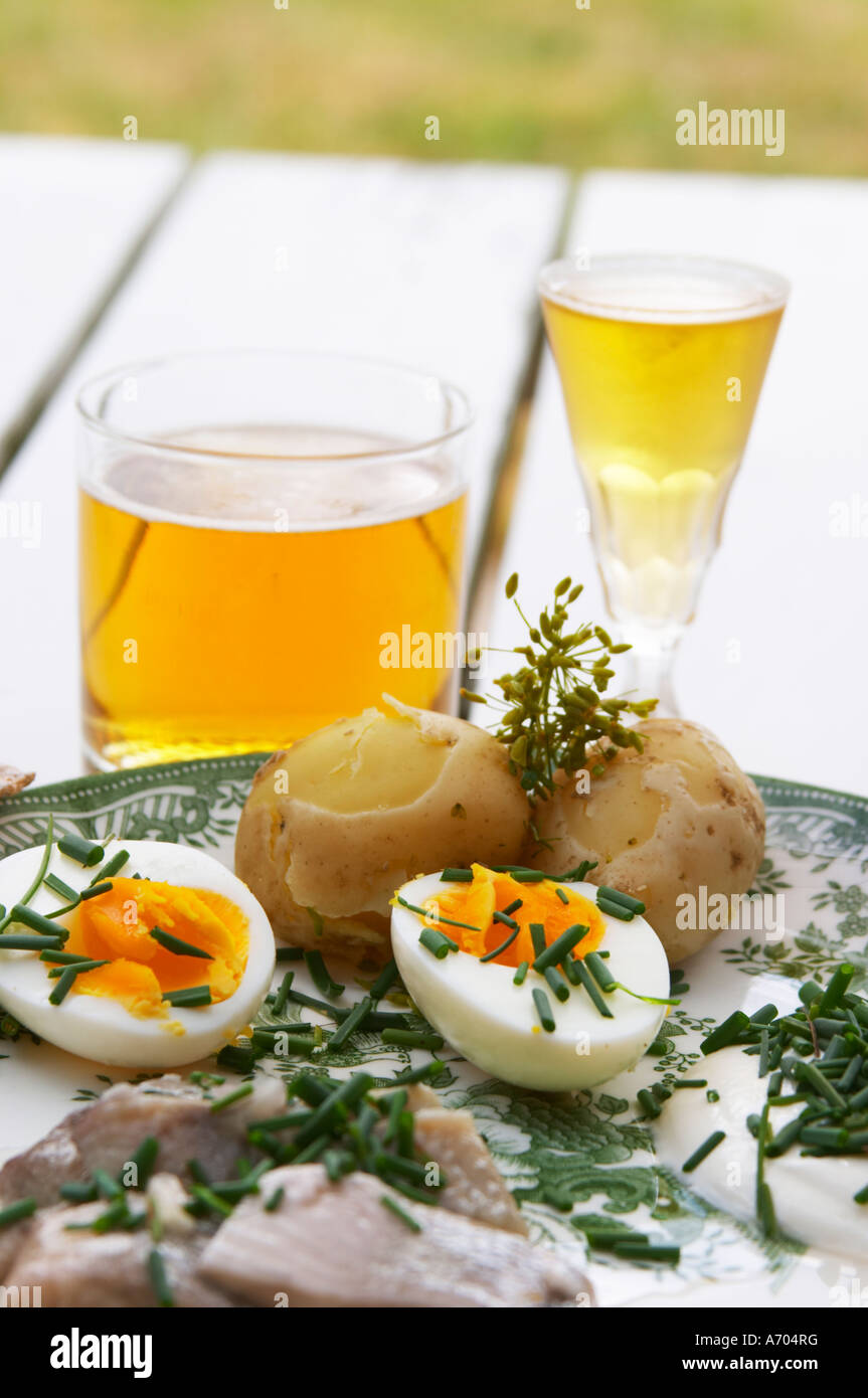 L'été suédois traditionnel déjeuner avec du hareng mariné, bas de caisse de pommes de terre nouvelles bouillies, l'oeuf, la crème, la ciboulette, durs et secs knackebrod Banque D'Images