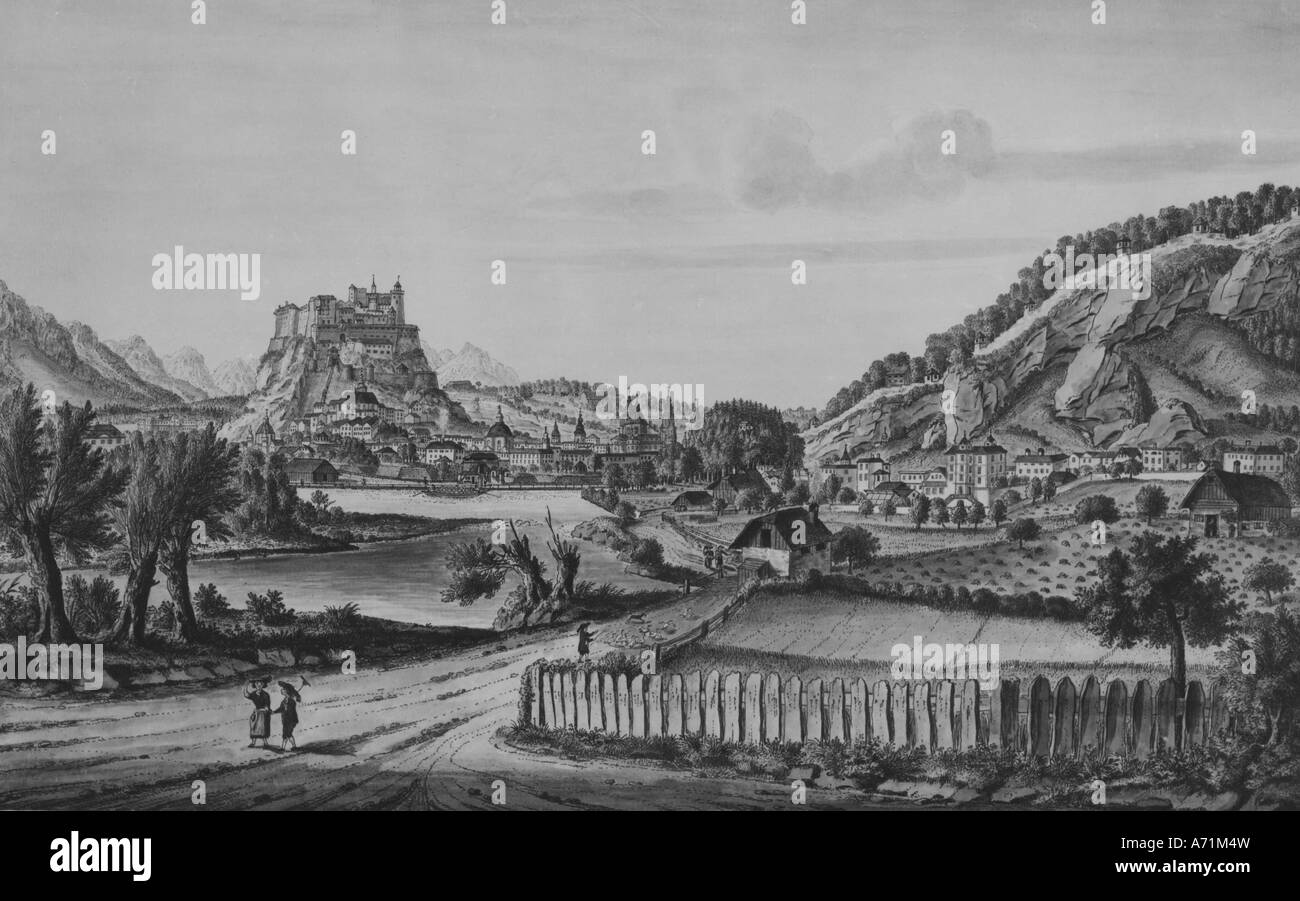 Géographie / voyages, Autriche, Salzbourg, vues sur la ville / paysages urbains, Festung Hohensalzburg, gravure de Johann Michael Frey (1750 - 1813), historique, rivière, Salzach, Haute forteresse de Salzbourg, paysage, rue, clôture, montagnes, alpes, montagne, archorispotric, vue sur la ville, paysage urbain, population, capitale, XIXe siècle, Banque D'Images