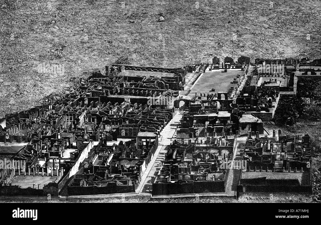Géographie / voyages, Italie, Pompéi, vue d'ensemble, partie excavée, gravure après la photographie, 19ème siècle, historique, historique, Europe, ruines, ruine, archéologie, excavation, fouilles, après Henkel, Pompeji, Pompej, UNESCO World Cultural Heritage site / sites, Banque D'Images