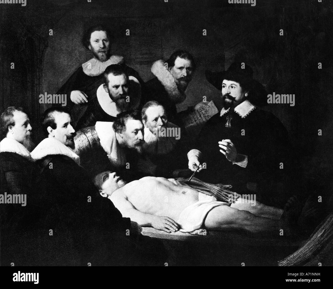 Médecine, anatomie, après la peinture, de Rembrandt, (1606-1669), 'The Anatomy Lesson of Dr.Nicolaes Tulp', huile sur toile, 217 x 163 cm, Maritshuis, Den Haag, 1632, Banque D'Images