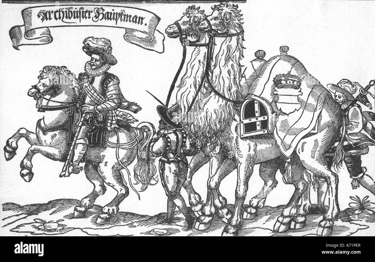 Zoologie / animaux, chameaux, deux dromadaires, (Camelus dromedarius), Arquebus se rendant au Reichstag à Augsbourg 1530, Banque D'Images