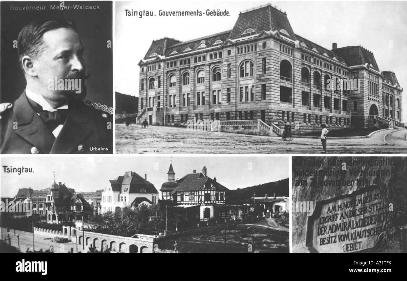 Géographie / voyages, Chine, Qingdao, bâtiment, Govenors siège social, portrait du colonel Govenor Alfred Meyer-Waldeck, plaque commémorative d'occupation, carte postale, vers 1915, historique, XXe siècle, occupant 11.11.11.1897, dépendance allemande Kiautschou 1898 - 1919, sous administration japonaise 1914 - 1919, impérialisme, Allemagne, Époque impériale, colonialisme, Empire allemand, Première Guerre mondiale / WW I, bâtiments, gens, 1910, Banque D'Images