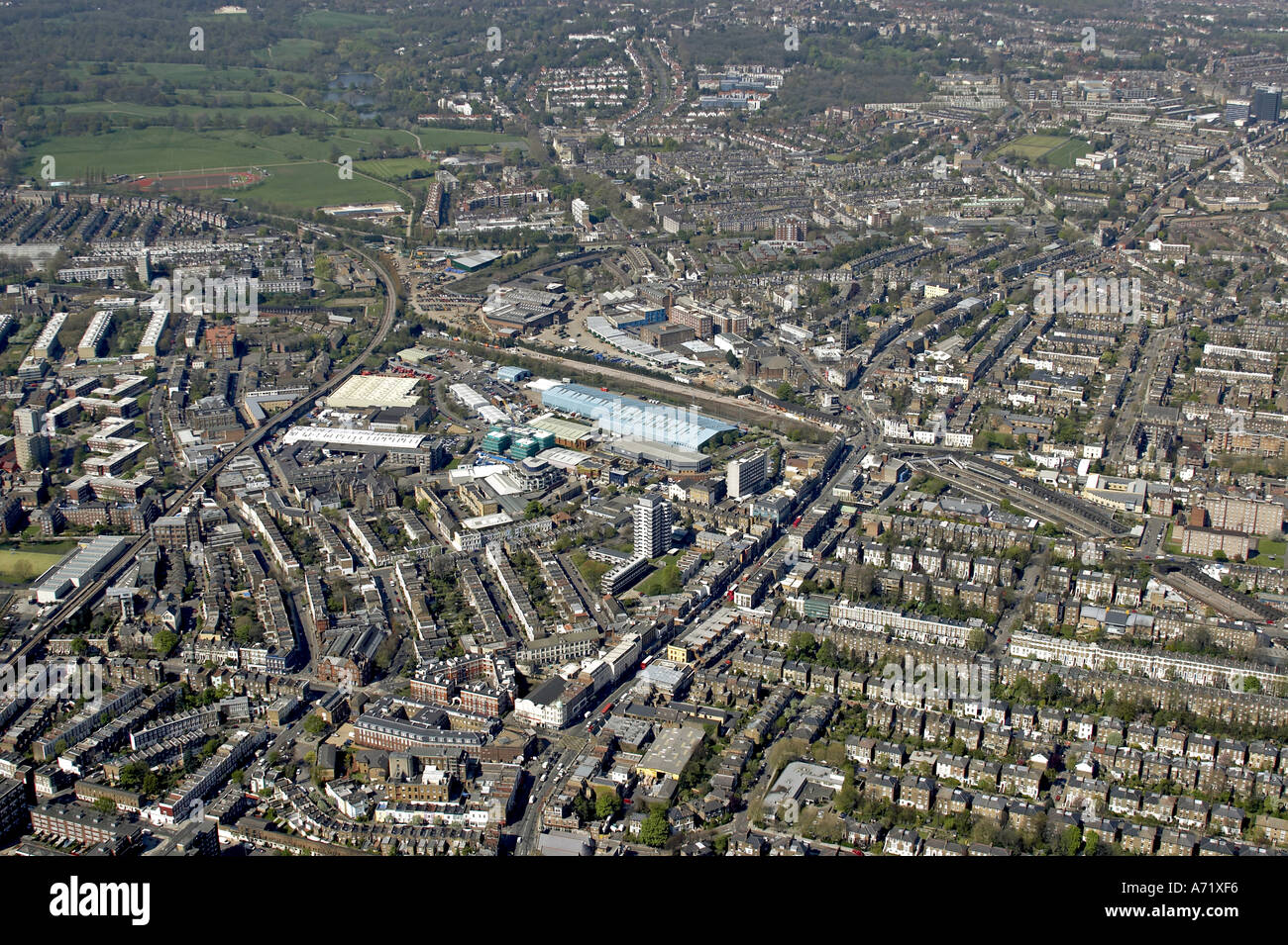 Haut niveau de l'antenne vue oblique au nord de Kentish Town Gospel Oak Hampstead Heath Dartmouth Park Tuffnell Park Upper Holloway Camden Londres NW5 N7 Angleterre 2005 Banque D'Images