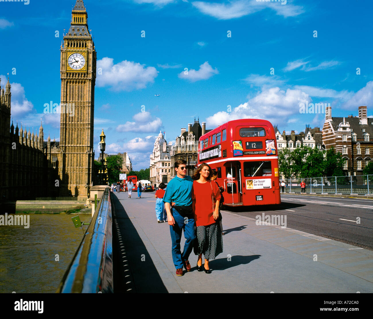 Big Ben et de Westminster Bridge London bus London United Kingdom Grande-bretagne Banque D'Images
