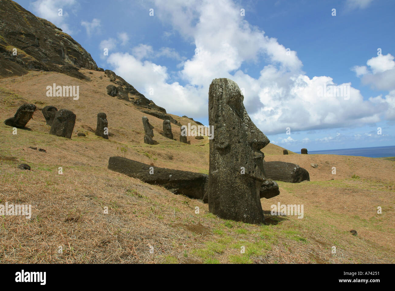 Moai Rano Raku carrière Statue Île de Pâques Chili Rapa Nui Banque D'Images