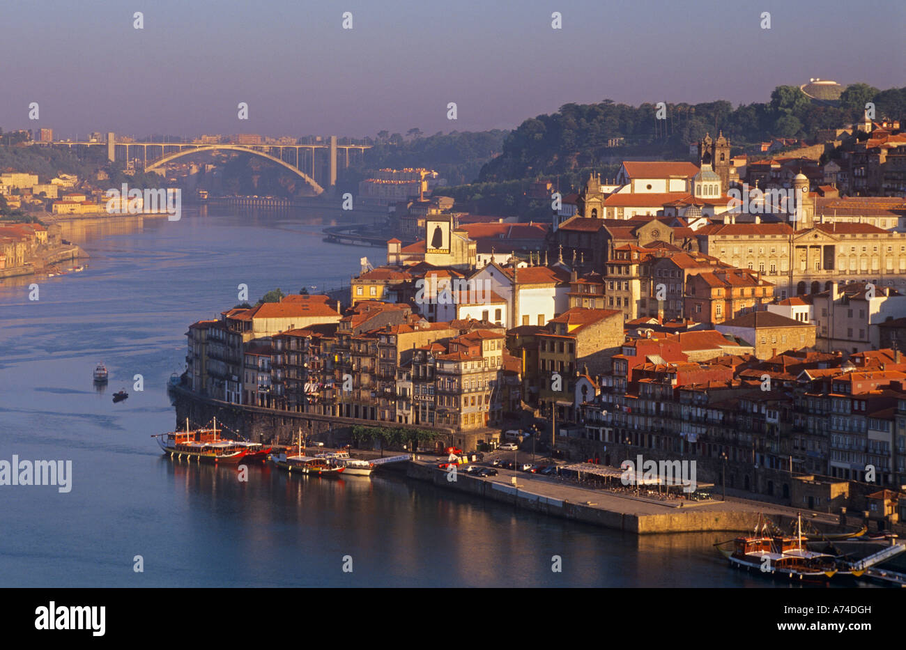 Vue sur la ville du fleuve Douro, quartier de Ribeira pont Arrabida Porto Portugal Banque D'Images