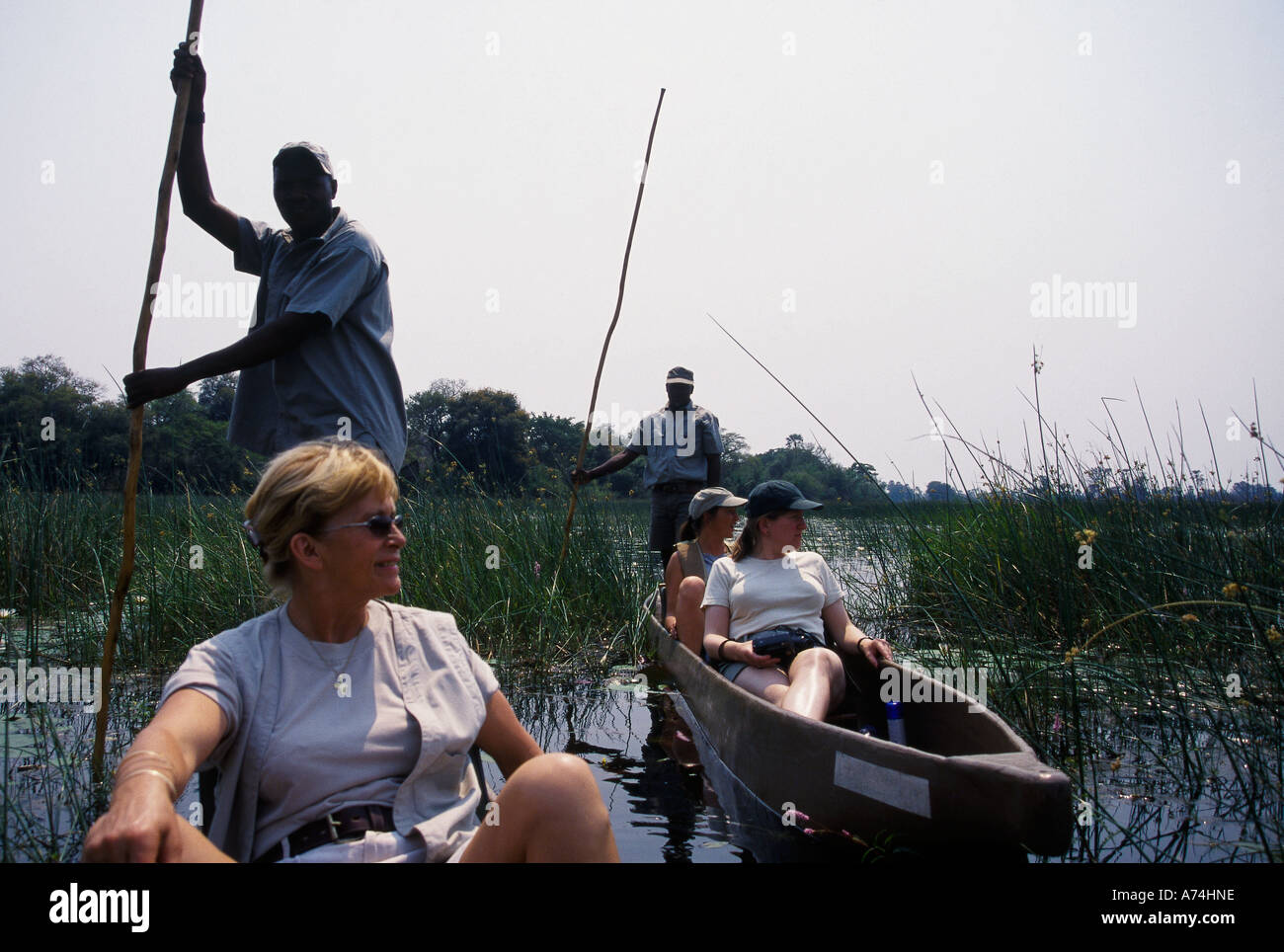 Canoë Safari voyageant par l'eau des pirogues en bois Hommes bateaux barques à touristes gens poling Banque D'Images